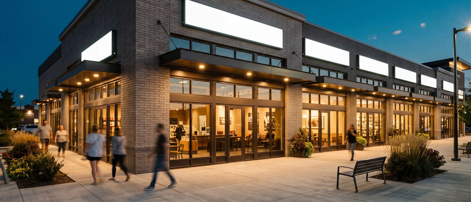 Single-story brick retail building at dusk with lit storefronts and people walking along the sidewalk