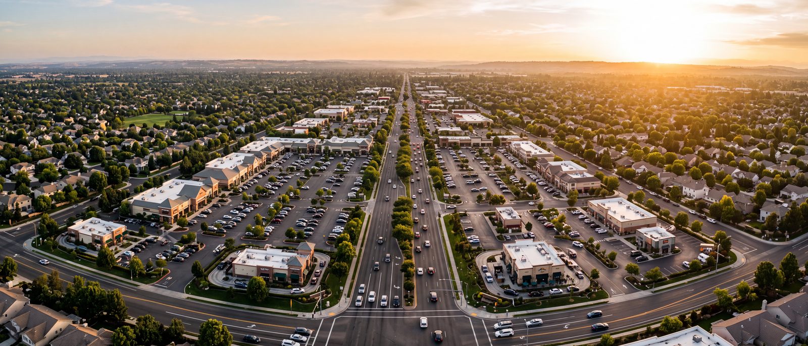 Aerial view of a suburban retail corridor at golden hour
